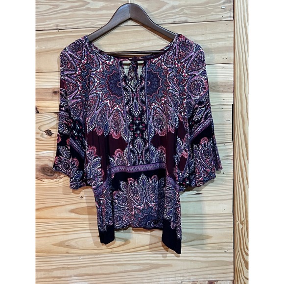 Nostalgia Tops - Nostalgia Burgundy Paisley Print Boho Flutter Sleeve Tunic Womens Large Blouse